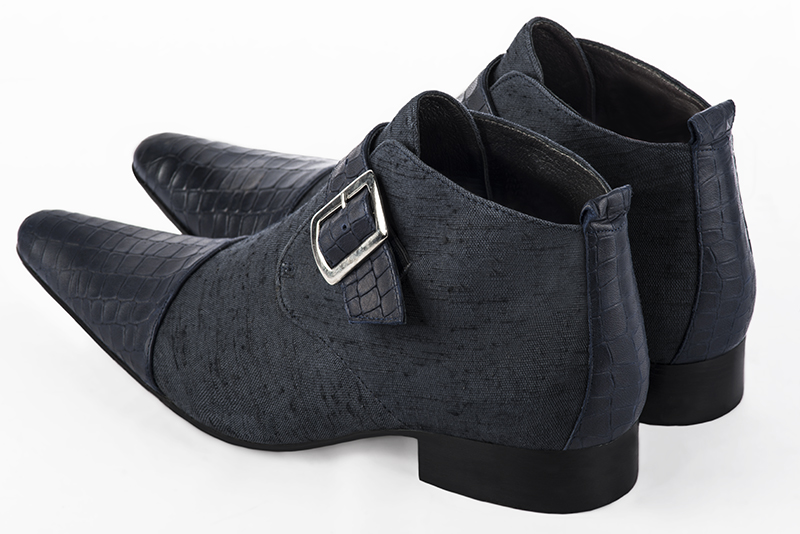Navy blue dress ankle boots for men. Tapered toe. Flat leather soles. Rear view - Florence KOOIJMAN